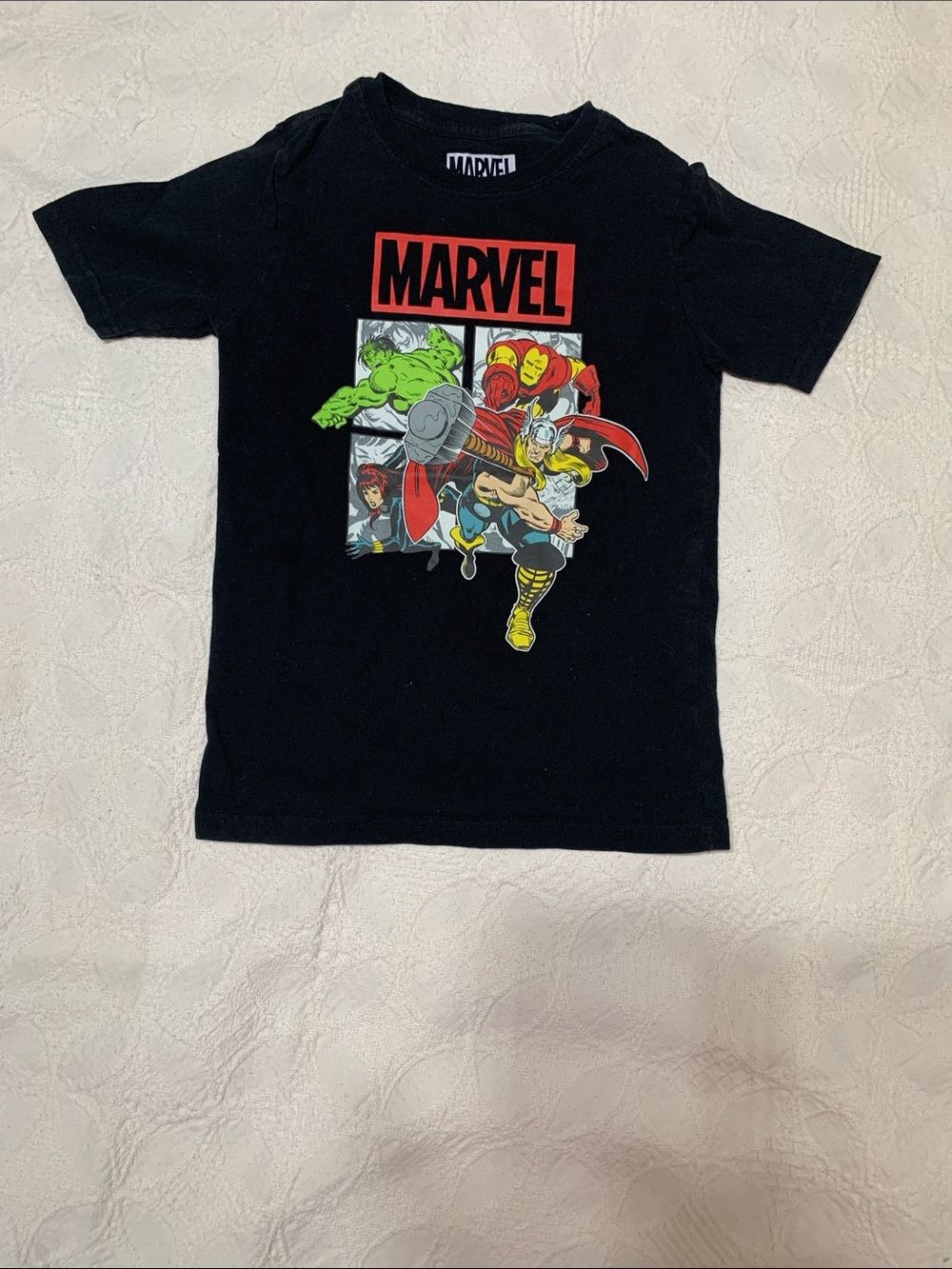 Marvel Black Kids Tee with Multicolor Superhero Art